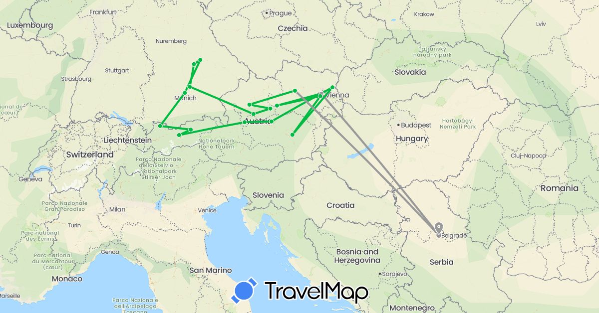 TravelMap itinerary: bus, plane in Austria, Germany, Serbia (Europe)