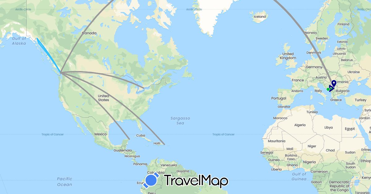TravelMap itinerary: driving, bus, plane, boat in Bosnia and Herzegovina, Canada, Dominican Republic, Montenegro, Mexico, Serbia, United States (Europe, North America)